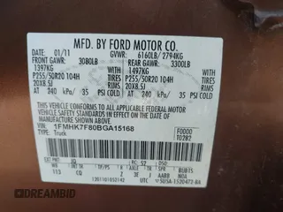 2011 Ford Explorer Limited with VIN 1FMHK7F80BGA15168, listed as a IAAI auction lot 42494868 with 156,634 mi miles and . Bid and sale history available at DreamBid. Image 9.