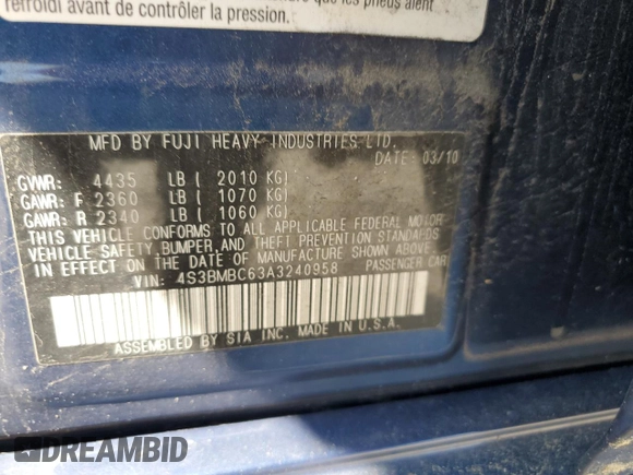 2010 Subaru Legacy Premium All-Weather Anniversary with VIN 4S3BMBC63A3240958, listed as a Copart auction lot 58992455 with 176,039 mi miles and Clean title. Bid and sale history available at DreamBid. Image 13.