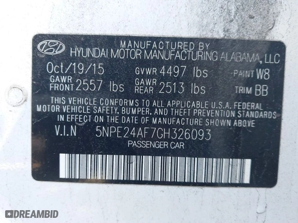 2016 Hyundai Sonata 2.4L SE with VIN 5NPE24AF7GH326093, listed as a IAAI auction lot 41353811 with 112,263 mi miles. Bid and sale history available at carsss.com. Image 9.