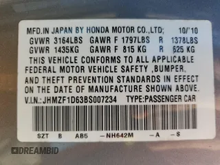 2011 Honda CR-Z EX with VIN JHMZF1D63BS007234, listed as a Copart auction lot 48788365 with 148,601 mi miles and Salvage Title. Bid and sale history available at carsss.com. Image 14.