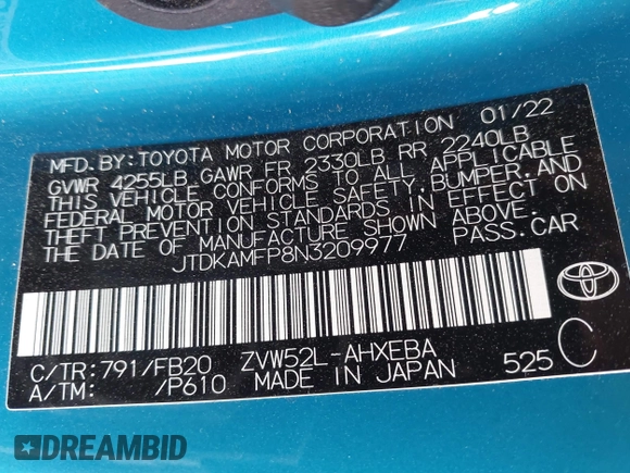 2022 Toyota Prius LE with VIN JTDKAMFP8N3209977, listed as a IAAI auction lot 42777763 with 52,995 mi miles and . Bid and sale history available at DreamBid. Image 9.