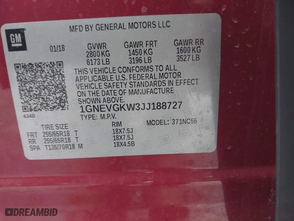 2018 Chevrolet Traverse LT Cloth with VIN 1GNEVGKW3JJ188727, listed as a IAAI auction lot 41740495 with 74,056 mi miles. Bid and sale history available at carsss.com. Image 9.