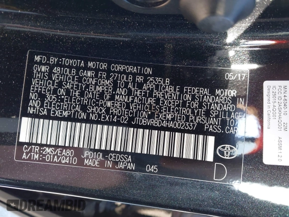 2017 Toyota Mirai with VIN JTDBVRBD4HA002337, listed as a IAAI auction lot 41647513 with 46,609 mi miles and . Bid and sale history available at DreamBid. Image 9.