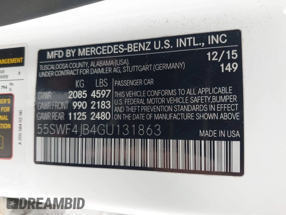 2016 Mercedes-Benz C 300 with VIN 55SWF4JB4GU131863, listed as a IAAI auction lot 42538730 with 137,392 mi miles and . Bid and sale history available at DreamBid. Image 9.