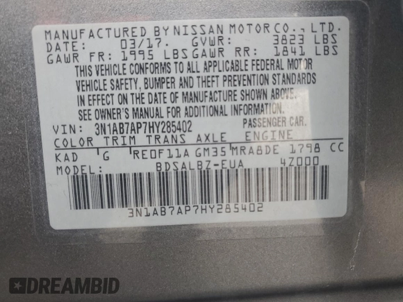 2017 Nissan Sentra S with VIN 3N1AB7AP7HY285402, listed as a Copart auction lot 45197715 with 128,937 mi miles and Salvage title. Bid and sale history available at DreamBid. Image 14.