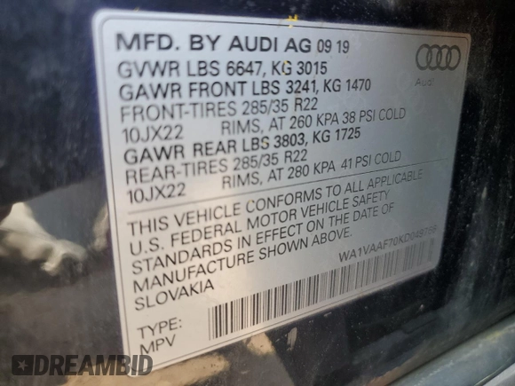 2019 Audi Q7 Prestige z VIN WA1VAAF70KD049766, wystawiony jako Copart lot #59126565 z przebiegiem 131 154 mil mil oraz Czysty tytuł • Clean title. Historia ofert i sprzedaży dostępna na DreamBid. Obrazek 13.