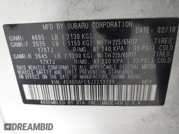 2018 Subaru Outback Premium z VIN 4S4BSAFC4J3313199, wystawiony jako IAAI lot #42573818 z przebiegiem 68 477 mil mil oraz . Historia ofert i sprzedaży dostępna na DreamBid. Obrazek 9.