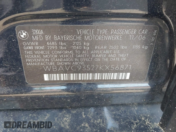 2007 BMW 3 Series 328xi with VIN WBAVC93527KX56871, listed as a IAAI auction lot 42622580 with 164,047 mi miles and . Bid and sale history available at DreamBid. Image 9.