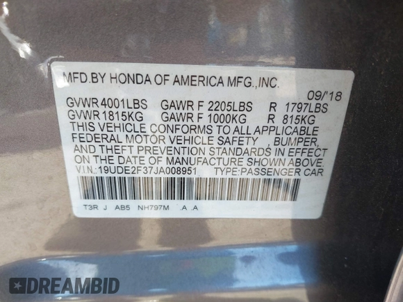 2018 Acura ILX with VIN 19UDE2F37JA008951, listed as a IAAI auction lot 41883226 with 55,312 mi miles and . Bid and sale history available at DreamBid. Image 9.
