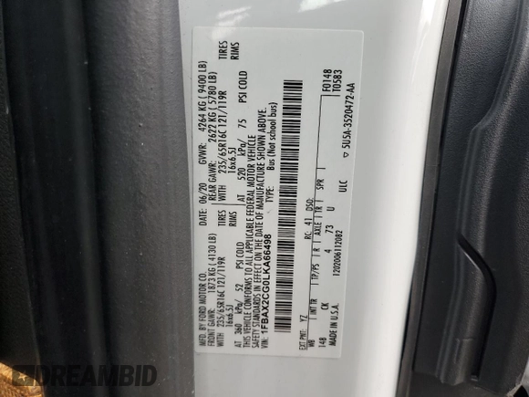 2020 Ford Transit Passenger XL with VIN 1FBAX2CG0LKA66498, listed as a Copart auction lot 82969724 with 94,500 mi miles and Salvage Title. Bid and sale history available at DreamBid. Image 13.