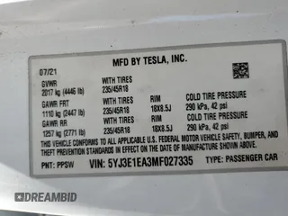 2021 Tesla Model 3 Standard Range Plus z VIN 5YJ3E1EA3MF027335, wystawiony jako Copart lot #58379945 z przebiegiem 43 887 mil mil oraz Szkoda całkowita • Salvage title. Historia ofert i sprzedaży dostępna na DreamBid. Obrazek 13.