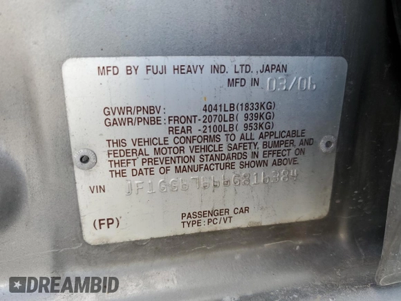 2006 Subaru Impreza i с VIN JF1GG67666G816384, выставлен на аукционе Copart как лот 71733934 с пробегом 369 231 миль миль и На запчасти • Non repairable. История ставок и продаж доступна на DreamBid. Изображение 13.
