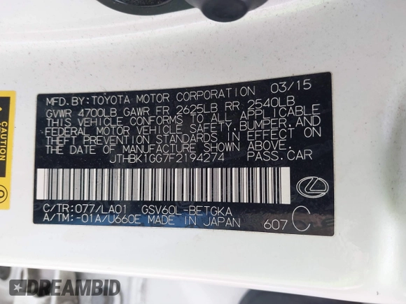 2015 Lexus ES 330 with VIN JTHBK1GG7F2194274, listed as a IAAI auction lot 41553276 with 133,899 mi miles and . Bid and sale history available at DreamBid. Image 9.