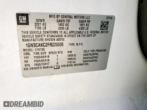 2015 Chevrolet Tahoe LS with VIN 1GNSCAKC2FR229305, listed as a Copart auction lot 59202845 with Not provided miles and Clean title. Bid and sale history available at DreamBid. Image 13.