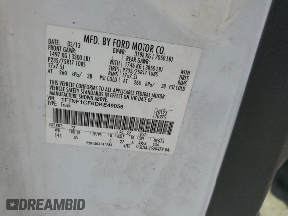 2013 Ford F-150 XL with VIN 1FTNF1CF6DKE49056, listed as a Copart auction lot 61586225 with 1,700,870 mi miles and Clean title. Bid and sale history available at DreamBid. Image 13.