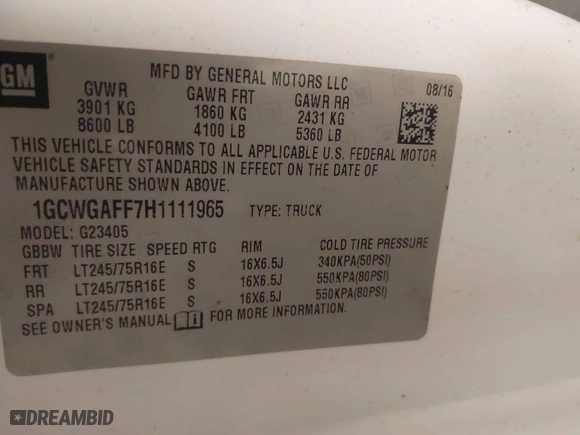 2017 Chevrolet Express Cargo Van with VIN 1GCWGAFF7H1111965, listed as a IAAI auction lot 41974494 with 89,994 mi miles. Bid and sale history available at carsss.com. Image 9.