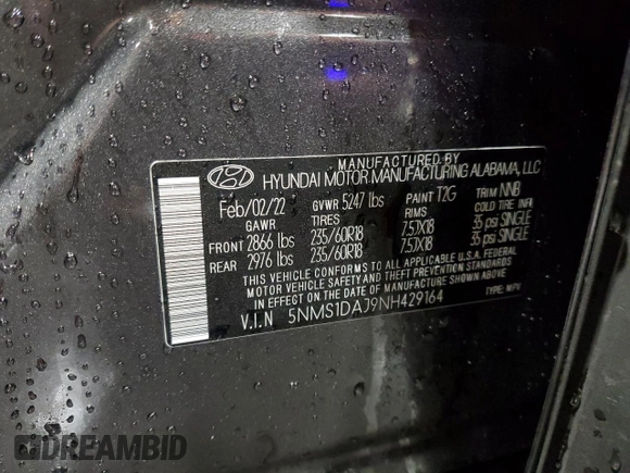 2022 Hyundai Santa Fe SE with VIN 5NMS1DAJ9NH429164, listed as a Copart auction lot 43921085 with 50,467 mi miles and Salvage Title. Bid and sale history available at carsss.com. Image 12.