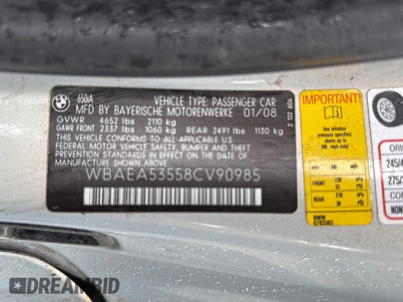 2008 BMW 6 Series 650i z VIN WBAEA53558CV90985, wystawiony jako Copart lot #57308835 z przebiegiem 99 340 mil mil oraz Czysty tytuł • Clean title. Historia ofert i sprzedaży dostępna na DreamBid. Obrazek 10.