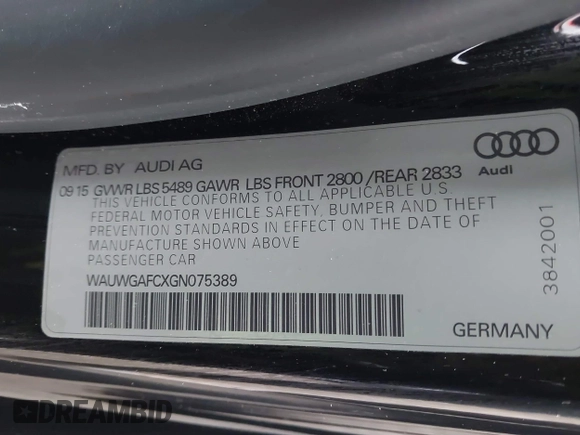 2016 Audi A7 3.0 Premium Plus with VIN WAUWGAFCXGN075389, listed as a IAAI auction lot 41285994 with 83,032 mi miles. Bid and sale history available at carsss.com. Image 9.