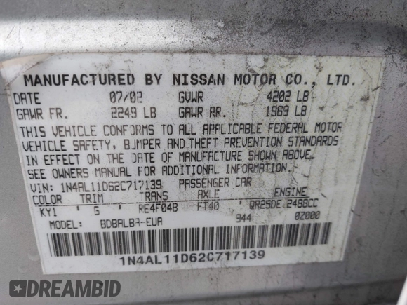 2002 Nissan Altima S with VIN 1N4AL11D62C717139, listed as a IAAI auction lot 41569217 with 135,200 mi miles. Bid and sale history available at carsss.com. Image 9.