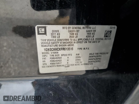 2015 Chevrolet Suburban LTZ with VIN 1GNSCKKCXFR613516, listed as a Copart auction lot 65519984 with 191,711 mi miles and Non Repairable. Bid and sale history available at DreamBid. Image 13.