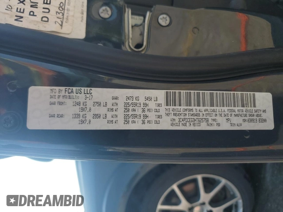 2017 Dodge Journey GT with VIN 3C4PDCEG3HT625758, listed as a Copart auction lot 62083695 with 128,439 mi miles and Salvage title. Bid and sale history available at DreamBid. Image 13.