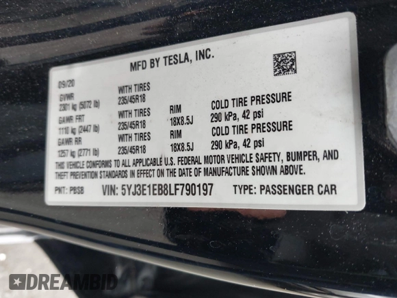 2020 Tesla Model 3 Long Range z VIN 5YJ3E1EB8LF790197, wystawiony jako IAAI lot #42053433 z przebiegiem 73 006 mil mil oraz . Historia ofert i sprzedaży dostępna na DreamBid. Obrazek 9.