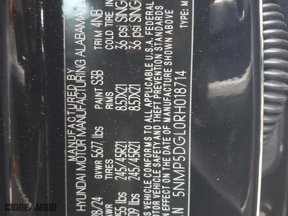 2024 Hyundai Santa Fe Calligraphy with VIN 5NMP5DGL0RH018714, listed as a Copart auction lot 62660124 with 0 mi miles and Salvage Title. Bid and sale history available at carsss.com. Image 14.
