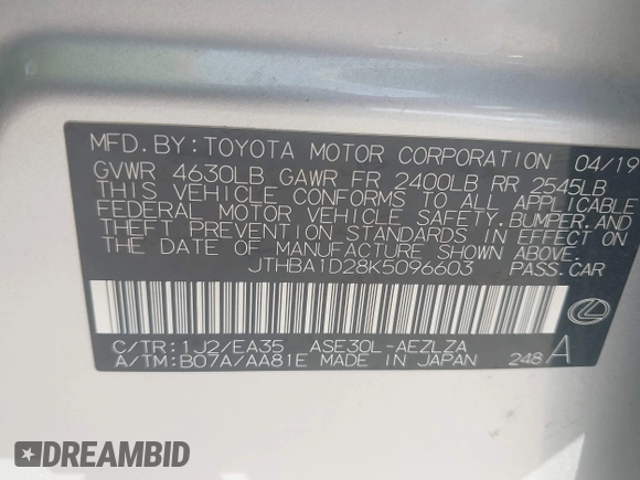 2019 Lexus IS 300 with VIN JTHBA1D28K5096603, listed as a IAAI auction lot 42496245 with 134,137 mi miles and . Bid and sale history available at DreamBid. Image 9.