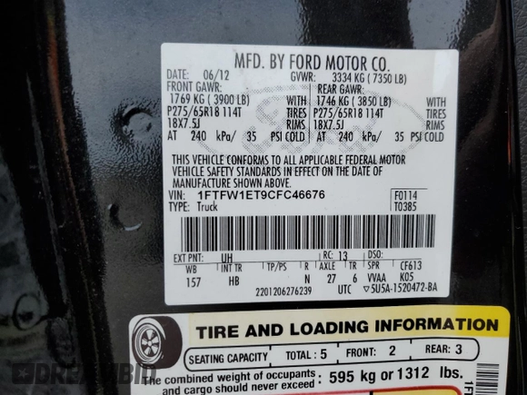 2012 Ford F-150 XL with VIN 1FTFW1ET9CFC46676, listed as a Copart auction lot 52634015 with 166,749 mi miles and Salvage Title. Bid and sale history available at carsss.com. Image 12.