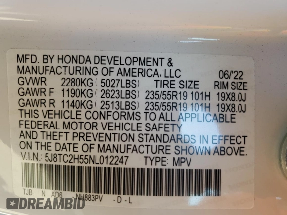2022 Acura RDX w/Technology Package with VIN 5J8TC2H55NL012247, listed as a Copart auction lot 76534714 with 13,759 mi miles and Salvage Title. Bid and sale history available at carsss.com. Image 13.