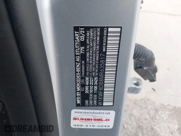 2021 Mercedes-Benz C 300 with VIN W1KWF8DB8MR635817, listed as a IAAI auction lot 41611333 with 26,198 mi miles and . Bid and sale history available at DreamBid. Image 9.