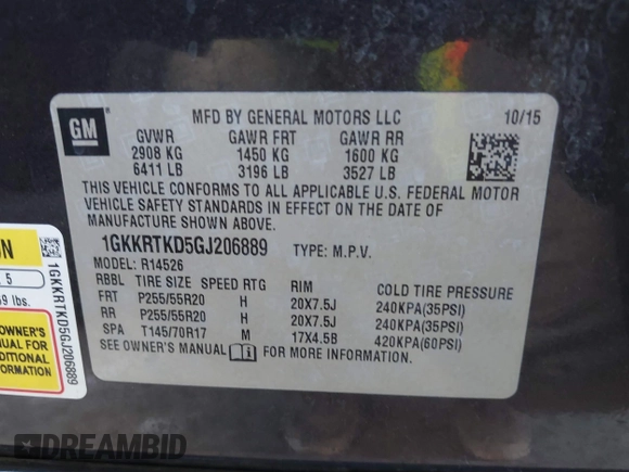 2016 GMC Acadia Denali with VIN 1GKKRTKD5GJ206889, listed as a IAAI auction lot 41258372 with 113,223 mi miles. Bid and sale history available at carsss.com. Image 9.