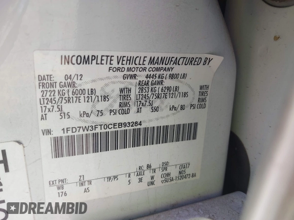 2012 Ford F-350 with VIN 1FD7W3FT0CEB93284, listed as a IAAI auction lot 42403179 with Not provided miles and . Bid and sale history available at DreamBid. Image 9.