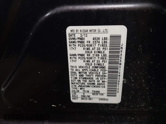 2012 Nissan Rogue SV with VIN JN8AS5MV1CW395104, listed as a IAAI auction lot 41301718 with 152,051 mi miles. Bid and sale history available at carsss.com. Image 9.
