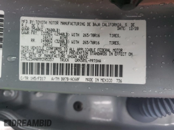 2021 Toyota Tacoma SR with VIN 3TMCZ5AN0MM395357, listed as a Copart auction lot 87086684 with 48,664 mi miles and Salvage title. Bid and sale history available at DreamBid. Image 12.