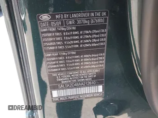 2010 Land Rover Range Rover Sport HSE Lux with VIN SALSK2D48AA212810, listed as a IAAI auction lot 41943041 with 111,896 mi miles and . Bid and sale history available at DreamBid. Image 9.