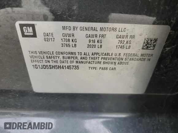 2017 Chevrolet Sonic LT z VIN 1G1JD5SH5H4145735, wystawiony jako Copart lot #54743105 z przebiegiem 108 652 mil mil oraz Szkoda całkowita • Salvage title. Historia ofert i sprzedaży dostępna na DreamBid. Obrazek 12.