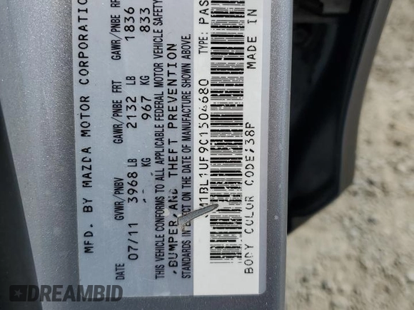 2012 Mazda 3 i Sport with VIN JM1BL1UF9C1504680, listed as a Copart auction lot 53308955 with 116,339 mi miles and Salvage Title. Bid and sale history available at DreamBid. Image 14.