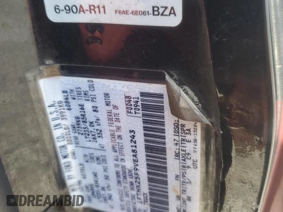1997 Ford F-250 with VIN 1FTHX25F9VEA81243, listed as a Copart auction lot 48938845 with Not Provided miles and Salvage Title. Bid and sale history available at DreamBid. Image 13.