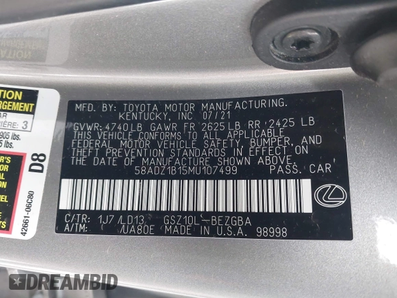 2021 Lexus ES with VIN 58ADZ1B15MU107499, listed as a IAAI auction lot 41742998 with 1 mi miles. Bid and sale history available at carsss.com. Image 9.