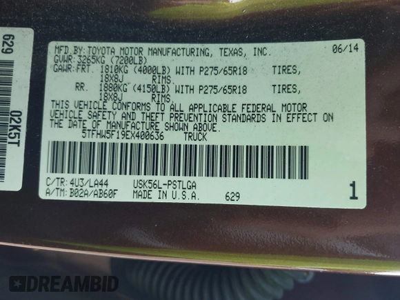 2014 Toyota Tundra Limited with VIN 5TFHW5F19EX400636, listed as a IAAI auction lot 42626818 with 267,402 mi miles and . Bid and sale history available at DreamBid. Image 9.