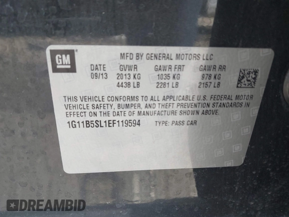 2014 Chevrolet Malibu LS with VIN 1G11B5SL1EF119594, listed as a IAAI auction lot 41605192 with 101,554 mi miles and . Bid and sale history available at DreamBid. Image 9.