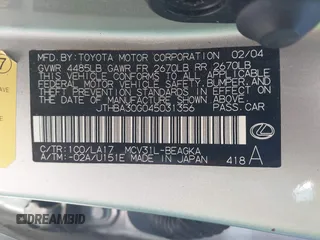 2004 Lexus ES 350 with VIN JTHBA30G045031356, listed as a IAAI auction lot 41155167 with 169,883 mi miles and . Bid and sale history available at DreamBid. Image 9.