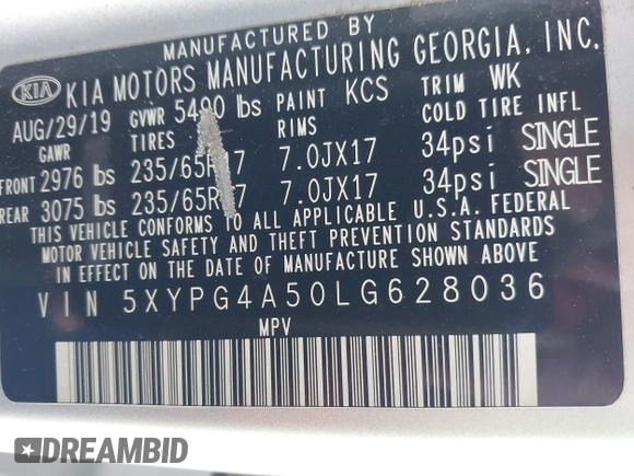 2020 Kia Sorento LX V6 with VIN 5XYPG4A50LG628036, listed as a IAAI auction lot 41457081 with Not Provided miles. Bid and sale history available at carsss.com. Image 9.
