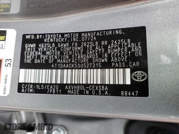 2025 Toyota Camry LE with VIN 4T1DAACK5SU527315, listed as a Copart auction lot 43651805 with 11,085 mi miles and Salvage Title. Bid and sale history available at DreamBid. Image 12.