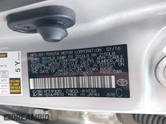 2016 Toyota Prius Two with VIN JTDKBRFU2G3508903, listed as a IAAI auction lot 41728794 with Not Provided miles and . Bid and sale history available at DreamBid. Image 9.