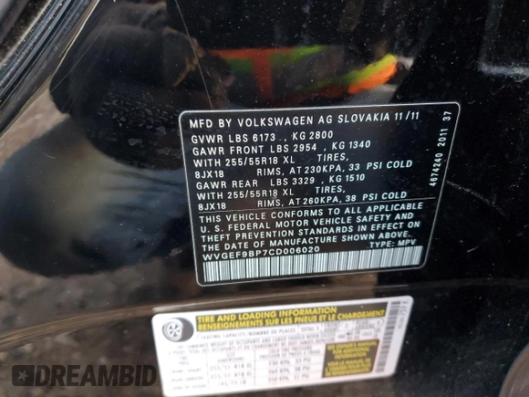 2012 Volkswagen Touareg Sport z VIN WVGEF9BP7CD006020, wystawiony jako Copart lot #88211145 z przebiegiem 180 729 mil mil oraz Szkoda całkowita • Salvage title. Historia ofert i sprzedaży dostępna na DreamBid. Obrazek 13.