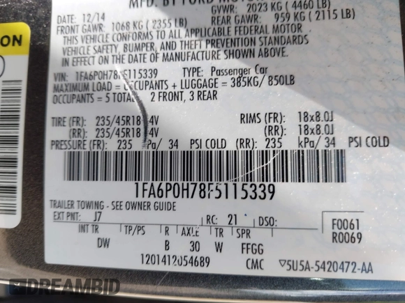 2015 Ford Fusion SE with VIN 1FA6P0H78F5115339, listed as a IAAI auction lot 42626943 with 242,359 mi miles and . Bid and sale history available at DreamBid. Image 9.