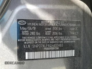 2019 Hyundai Elantra SE with VIN 5NPD74LF4KH497483, listed as a Copart auction lot 50927085 with 74,711 mi miles and Salvage Title. Bid and sale history available at DreamBid. Image 12.